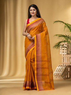 Desh Bidesh Woven, Temple Border, Striped, Self Design Handloom Handloom Cotton Blend, Pure Cotton Saree(Orange)