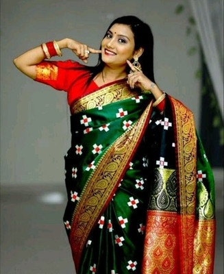 shree ambaji saree Woven Banarasi Satin Saree(Dark Green)