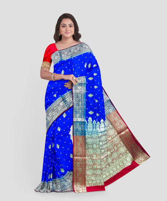 DORA SILK Embroidered, Woven Banarasi Satin Saree(Blue)