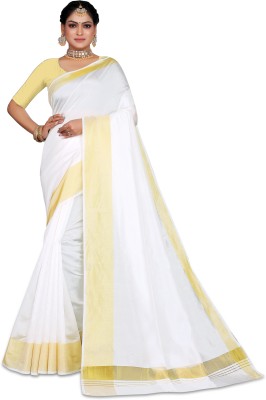 THE52 Solid/Plain Kasavu Cotton Silk Saree(White, Gold)