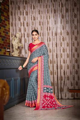 HOOLI Printed, Woven Bandhani Pure Cotton Saree(Grey, Pink)
