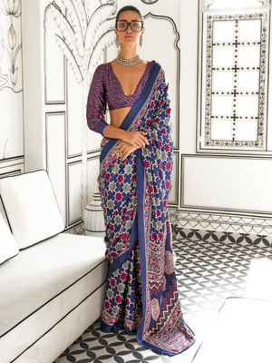 ANOUK Printed Daily Wear Crepe Saree(Dark Blue)