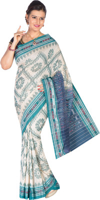 handloom paridhaan Hand Painted, Self Design Handloom Pure Cotton Saree(Cream, Blue)