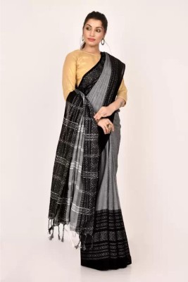 Happy Creation Self Design Maheshwari Handloom Cotton Blend Saree(Black, Grey)