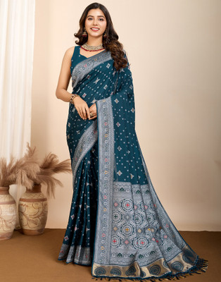 Samah Woven, Embellished Patola Silk Blend Saree(Blue)