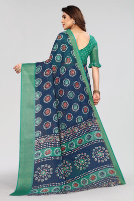 OM SAI TRADING Printed Bandhani Cotton Blend Saree(Blue, Green)