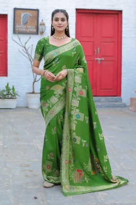 RICH & ROMAN Embellished, Woven Banarasi Jacquard, Pure Silk Saree(Light Green)