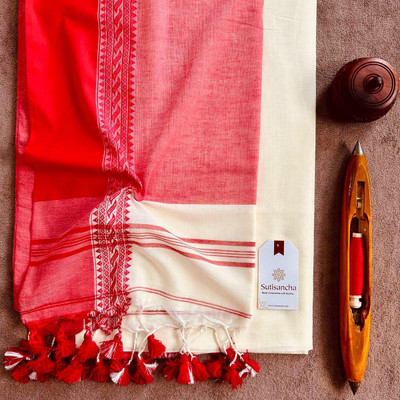 DreamSky Woven Hand Batik Cotton Blend Saree(Red, White)