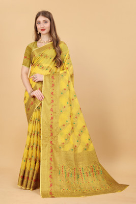 Apnisha Woven Daily Wear Cotton Blend Saree(Yellow)