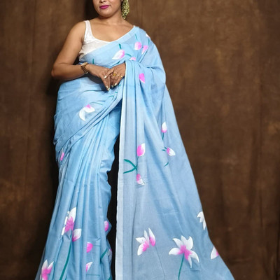 MM VENTURE Printed Bollywood Linen Saree(Light Blue)