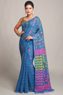 Divastri Checkered Taant Pure Cotton Saree(Blue)