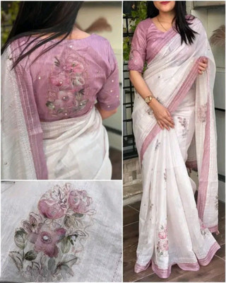 Sarthi Fashion Digital Print, Floral Print Kantha Cotton Linen Saree(White)
