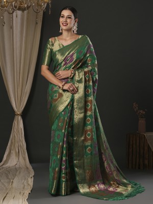 Sareemall Woven Banarasi Organza Saree(Dark Green)