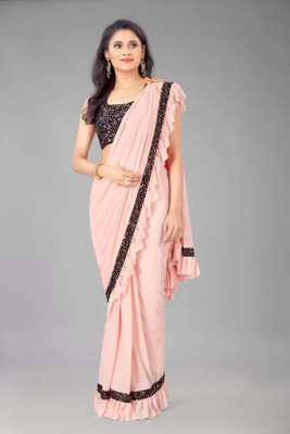 aaru creation Solid/Plain Bollywood Lycra Blend Saree(Pink)