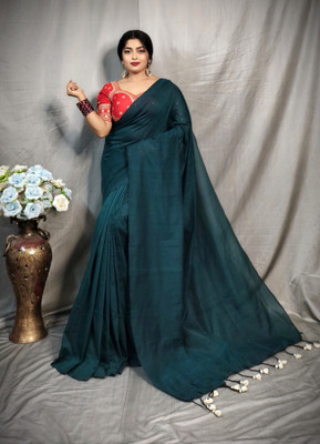RIDDHIMAN FASHION Solid/Plain Handloom Pure Cotton Saree(Dark Green)