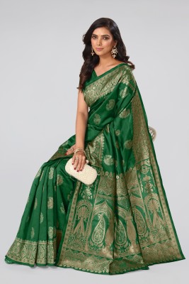 MIRCHI FASHION Woven Banarasi Silk Blend Saree(Green, Gold)