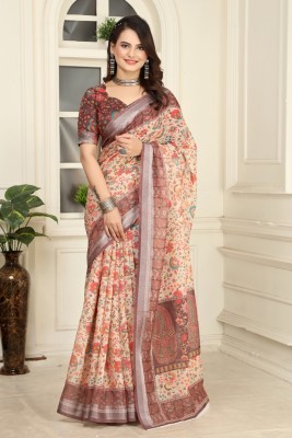 AVANTIKA FASHION Woven, Embellished, Printed Bollywood Cotton Linen, Art Silk Saree(Cream)