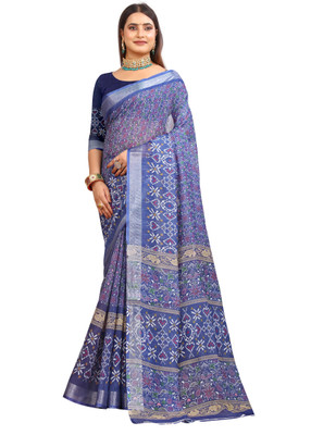 Gajal Printed Kanjivaram Pure Cotton, Cotton Linen Saree(Blue)