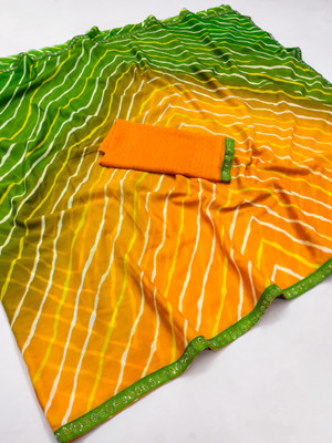kashvi sarees Embellished, Striped, Printed Leheria Georgette Saree(Green, Yellow, Orange)