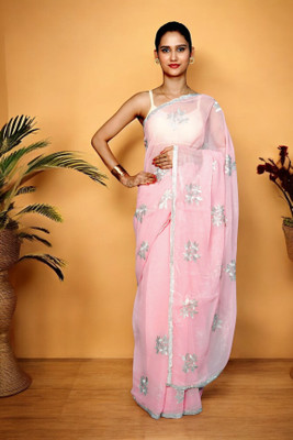 BLISSFUL ENTERPRISES Embroidered, Floral Print Bollywood Chiffon Saree(Pink)