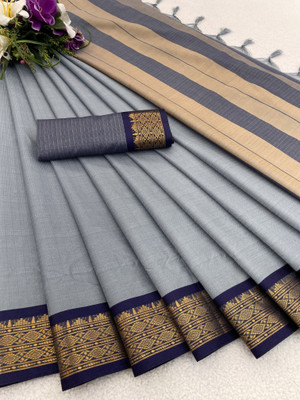 KanjiQueen Checkered Jamdani Silk Blend, Cotton Blend Saree(Grey, Dark Blue)