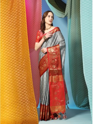 Spetila Ombre, Woven, Embellished, Floral Print Maheshwari Cotton Silk, Jacquard Saree(Grey)