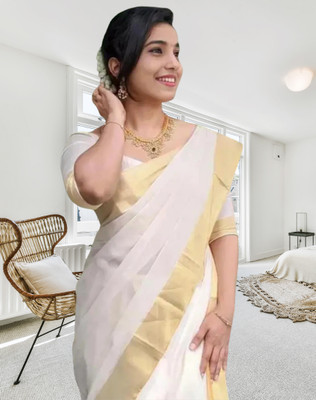 ShriSaree Woven Kasavu Pure Cotton Saree(White)