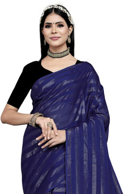 SkyRamya Embellished, Striped Bollywood Chiffon Saree(Dark Blue)