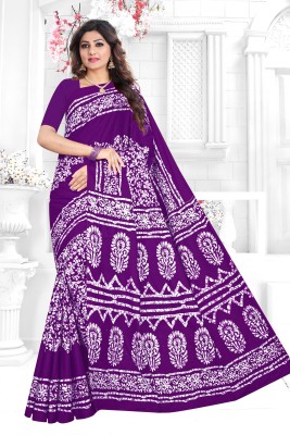 R2R Fashion Printed Ikkat Cotton Blend Saree(Purple)