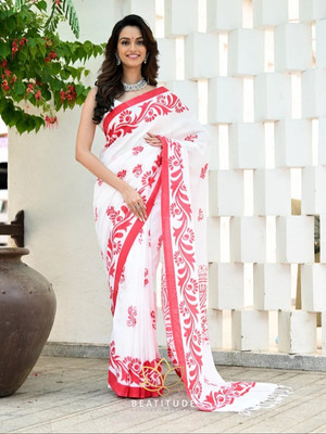 Amita Collections Printed Daily Wear Pure Cotton Saree(White, Red)