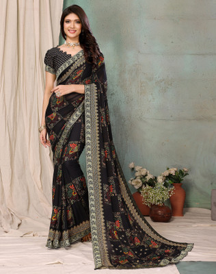 YASHIKA Printed Bandhani Georgette, Lace Saree(Black)
