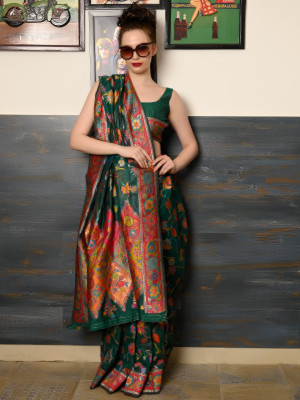 odette Woven Saree with Attached Blouse Silk Blend Saree(Dark Green)