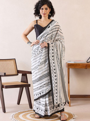 Anouk Rustic Printed Pre Draped Saree Cotton Blend Saree(White)