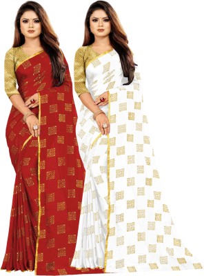 RHEY Printed Bollywood Chiffon Saree(Pack of 2, Red, White)