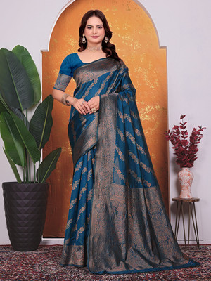 maayro Embellished Banarasi Silk Blend Saree(Blue)