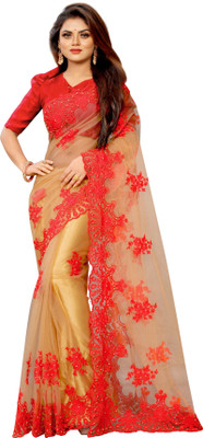 YASHVI Embroidered Bollywood Net Saree(Red, Cream)