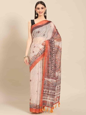 Divastri Animal Print Kalamkari Cotton Blend Saree(Beige)