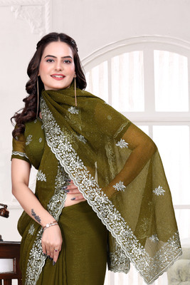 Mikhushop Embroidered Bollywood Silk Blend Saree(Light Green)