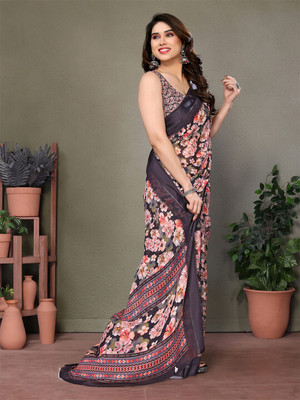 ANOUK Printed Saree with Attached Blouse Silk Blend Saree(Brown)