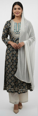 Aakriti Creations Printed, Floral Print, Geometric Print, Blocked Printed, Embellished Banarasi Cotton Silk Saree(Brown)