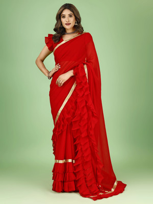 fFASHION Self Design, Solid/Plain, Embellished, Woven Bollywood Georgette Saree(Red)