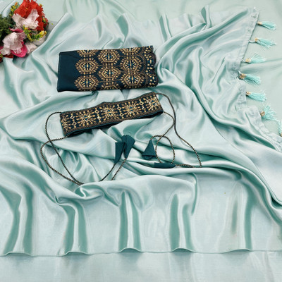 Ethina Fashion Dyed Bollywood Satin Saree(Light Blue)