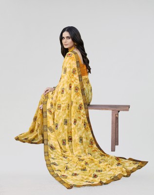 Nirvaan Printed Daily Wear Georgette, Lace Saree(Yellow)