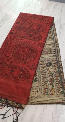 Tantikatha Printed Handloom Cotton Silk Saree(Red, Cream)