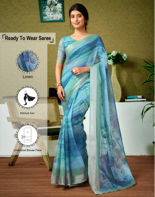 Satrani Digital Print, Floral Print, Embellished Bollywood Linen Saree(Green, Blue)