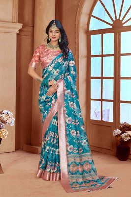 Ethnic Trendz Digital Print Saree with Attached Blouse Cotton Linen Saree(Multicolor)