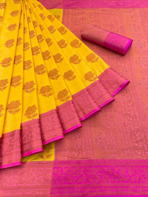 JbWorld Woven, Embellished, Self Design Banarasi Cotton Silk, Pure Silk Saree(Yellow, Pink)