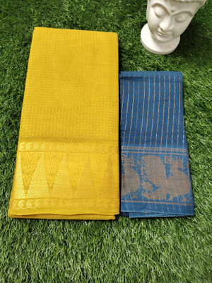 SUBHANKARA ENTERPRISES Tie-Dye, Checkered, Striped Madurai Pure Cotton Saree(Pack of 2, Mustard, Light Blue)