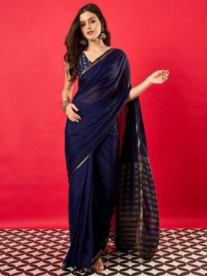 Sareemall Solid/Plain Banarasi Silk Blend Saree(Dark Blue)