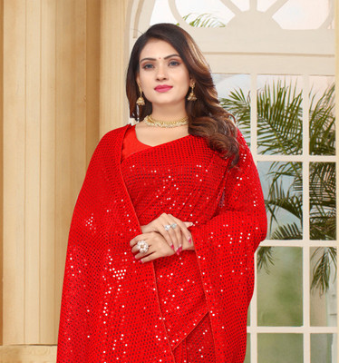 b bella creation Striped, Embroidered Bollywood Georgette Saree(Red)